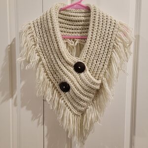 Cream Knit Fringe Scarf with Buttons